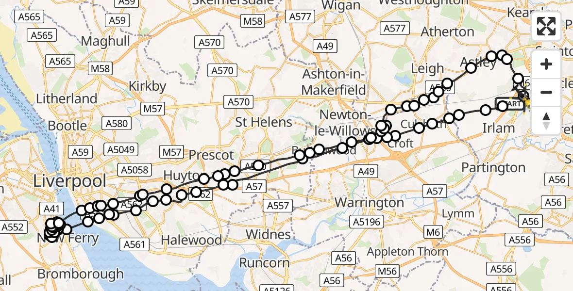 Flight route Police Helicopter Irlam - Manchester Barton Aerodrome, 13 August 2026, 08:12