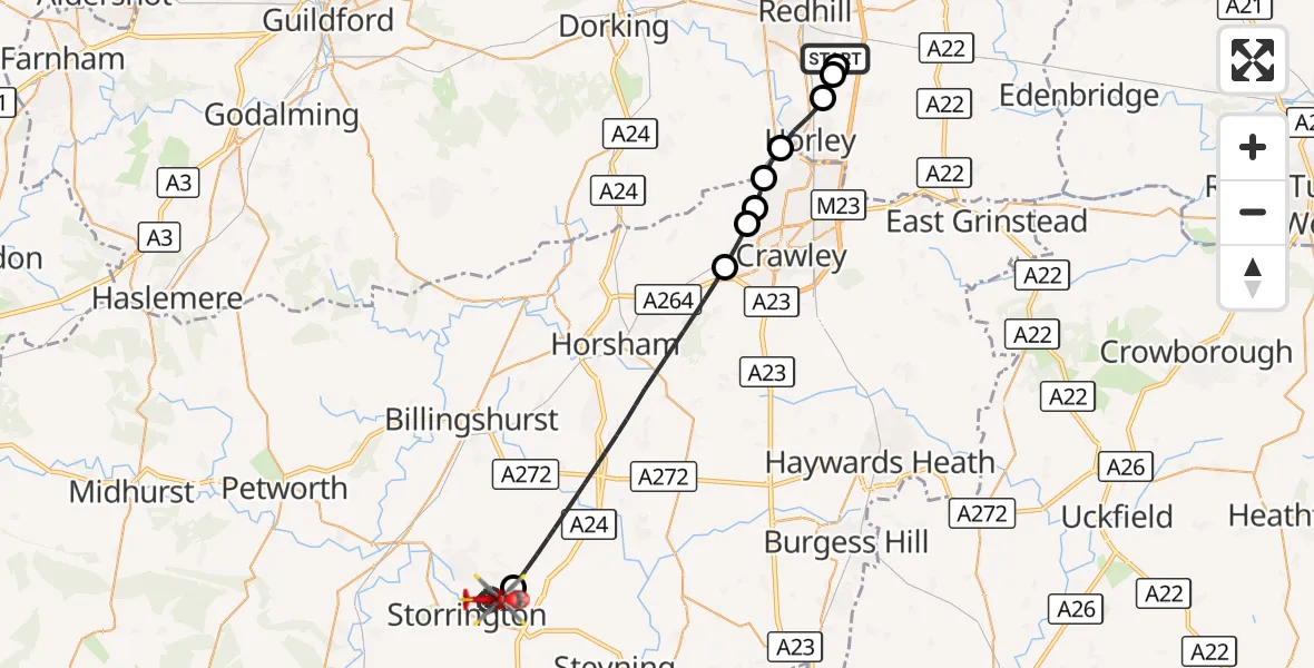 Flight route Air Ambulance Helicopter Redhill Aerodrome - Storrington, 13 August 2026, 08:18