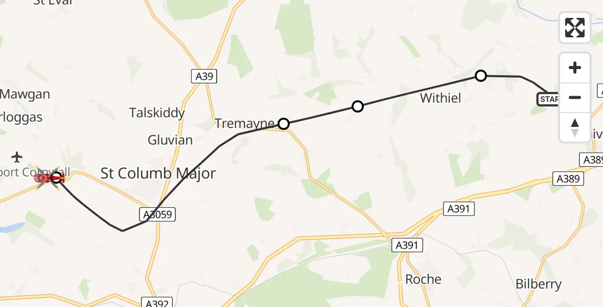 Flight route Air Ambulance Helicopter Lanivet - Cornwall Airport Newquay, 13 August 2026, 08:18