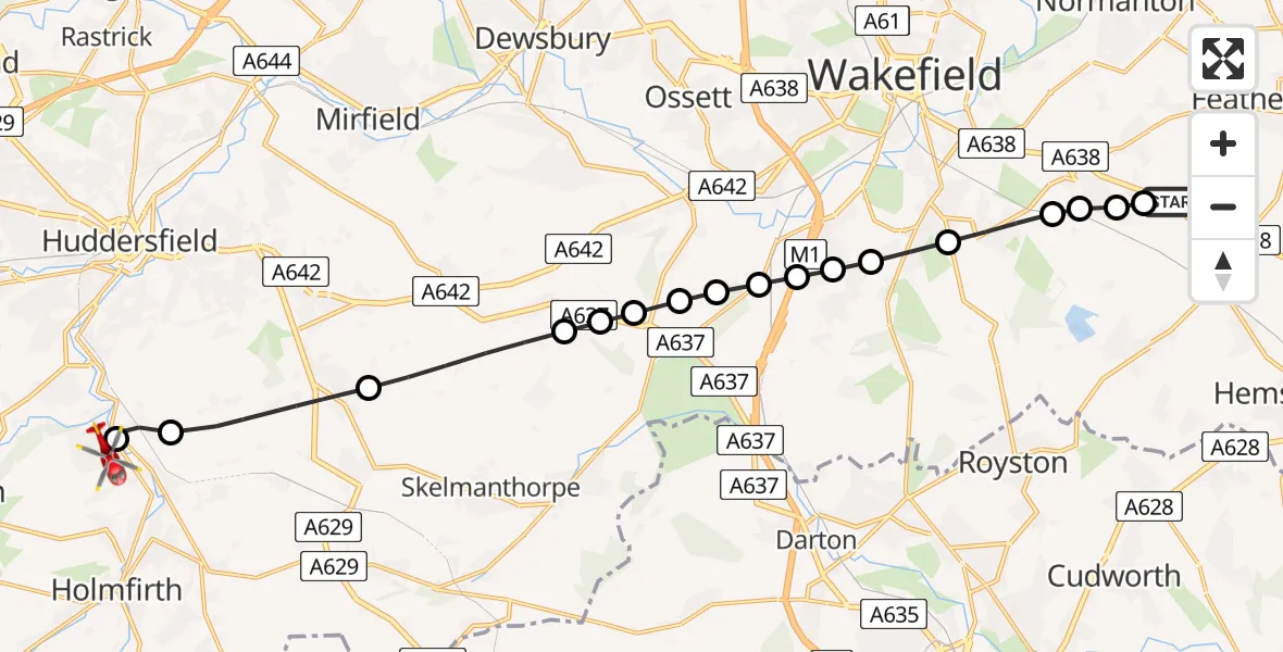 Flight route Air Ambulance Helicopter YAA Nostell Helicopter Port - Honley, 13 August 2026, 08:20