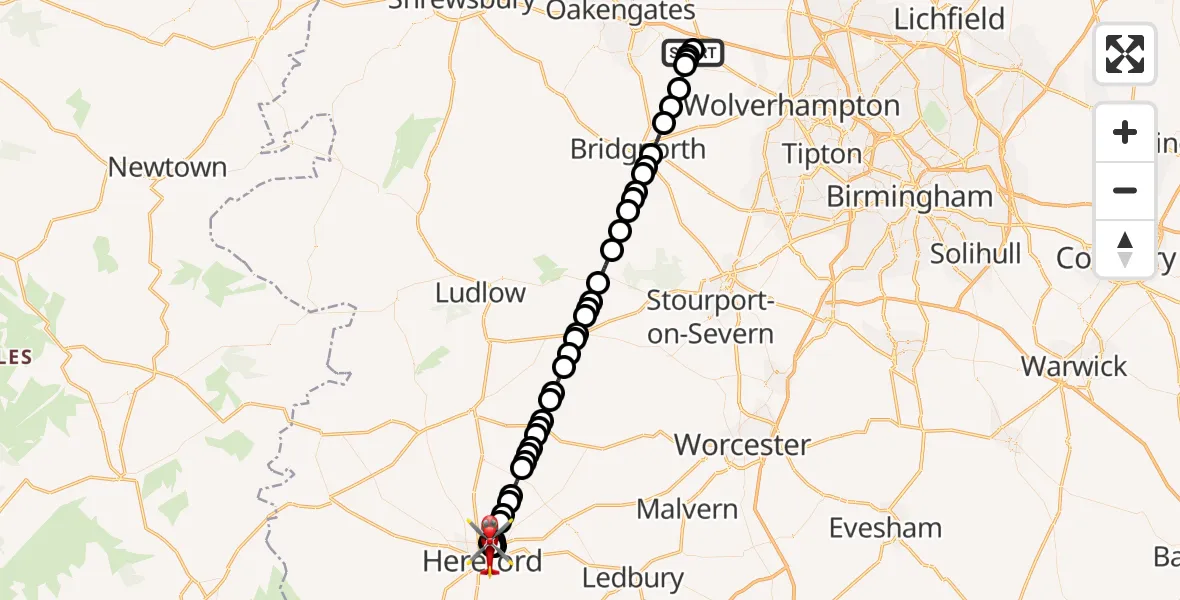 Flight route Air Ambulance Helicopter RAF Cosford - Hereford, 13 August 2026, 08:21