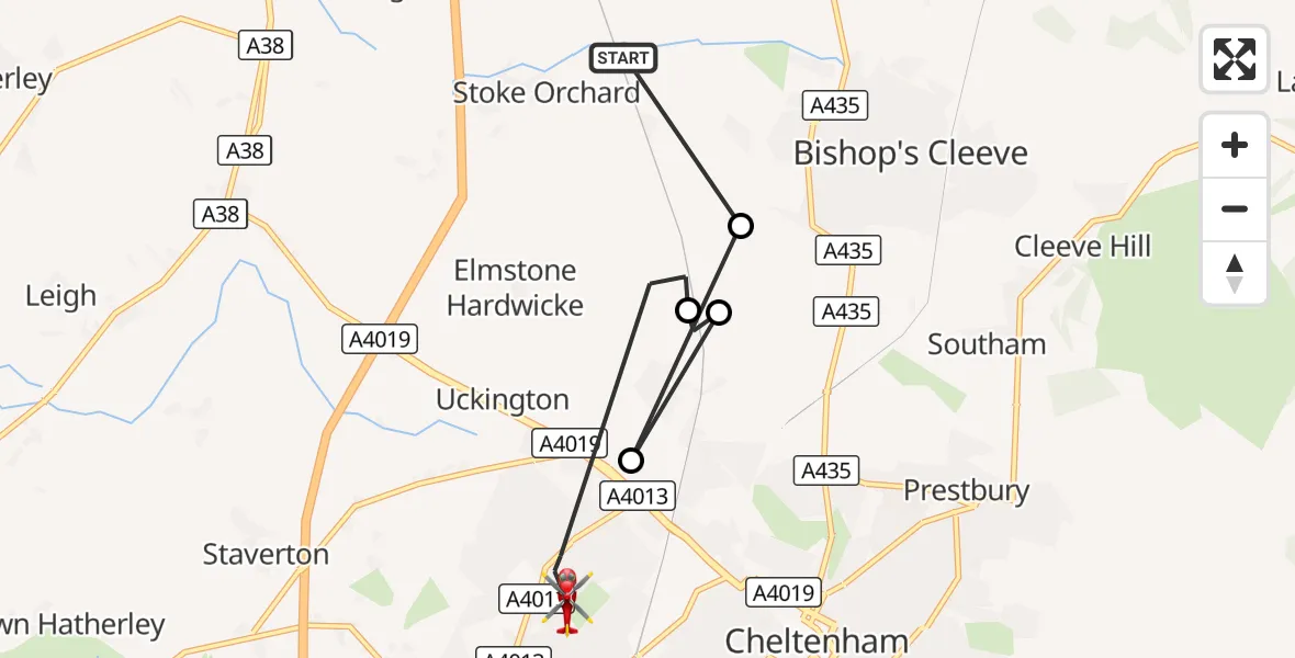 Flight route Air Ambulance Helicopter Tewkesbury - Cheltenham, 13 August 2026, 08:28