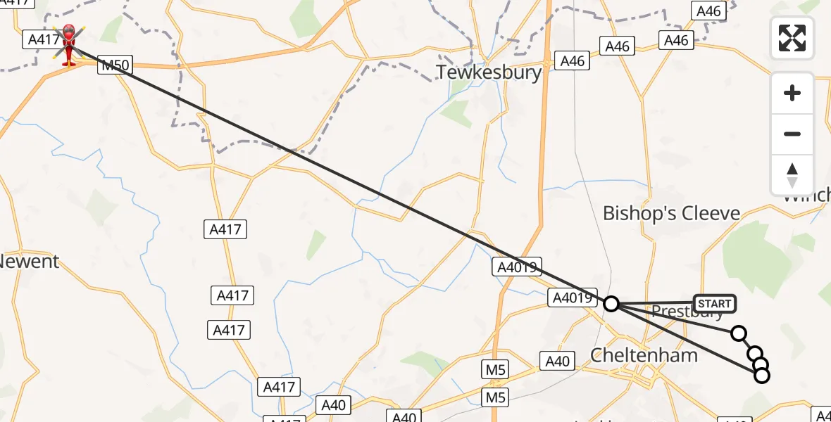 Flight route Air Ambulance Helicopter Tewkesbury - Bromsberrow, 13 August 2026, 08:40