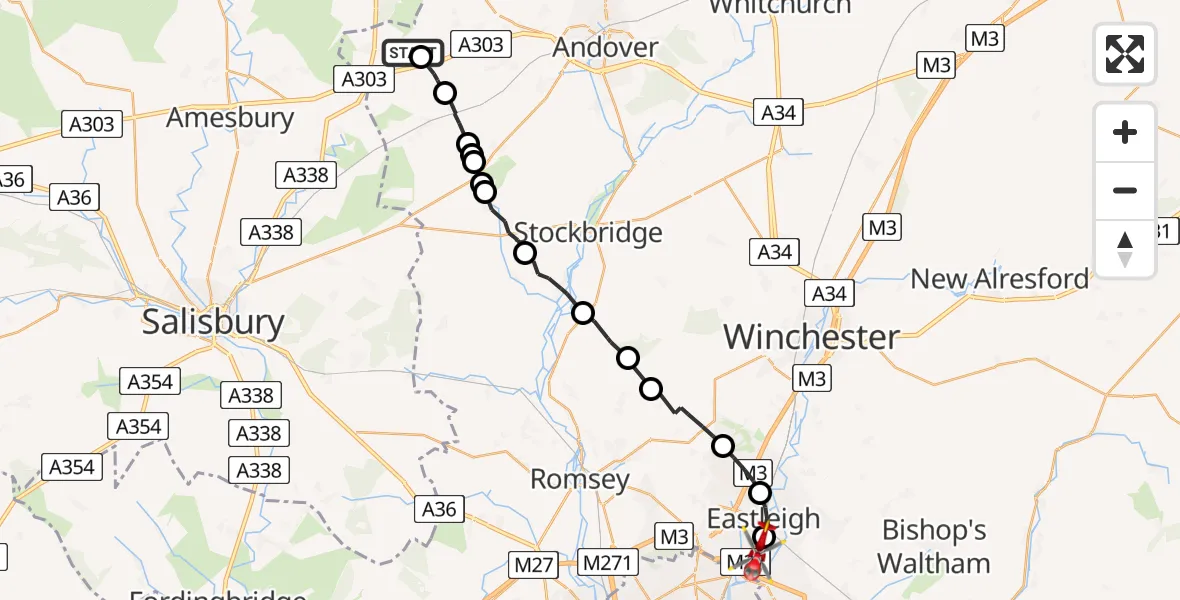 Flight route Air Ambulance Helicopter Shipton Bellinger - Southampton Airport, 13 August 2026, 08:49