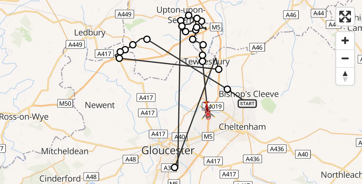 Flight route Air Ambulance Helicopter Bishop's Cleeve - Tewkesbury, 13 August 2026, 08:52