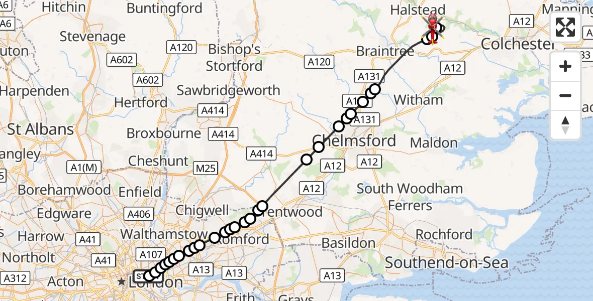 Flight route Air Ambulance Helicopter Royal London Hospital - Earls Colne Airfield, 13 August 2026, 09:00