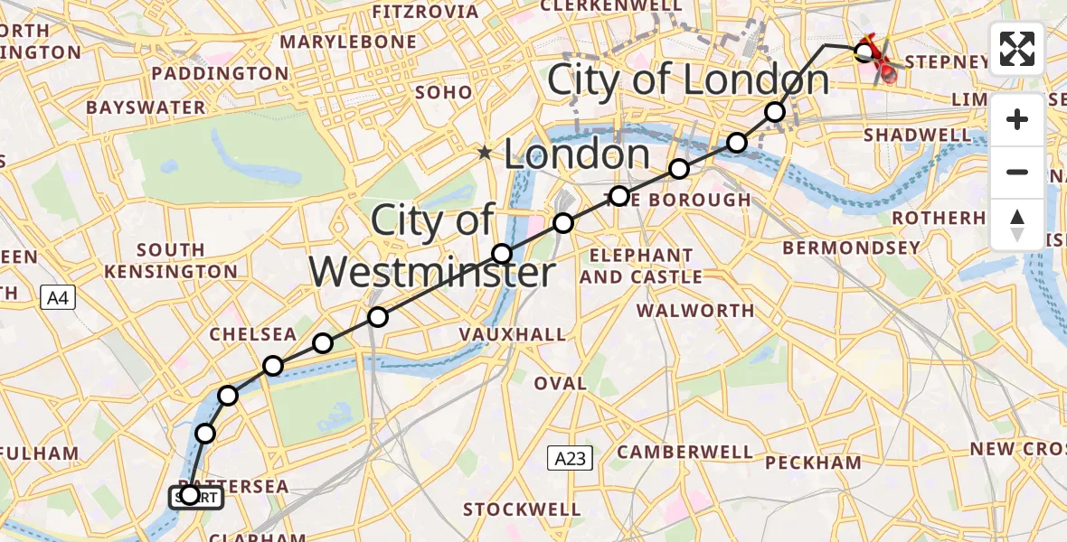 Flight route Air Ambulance Helicopter London Heliport - Royal London Hospital, 13 August 2026, 09:00