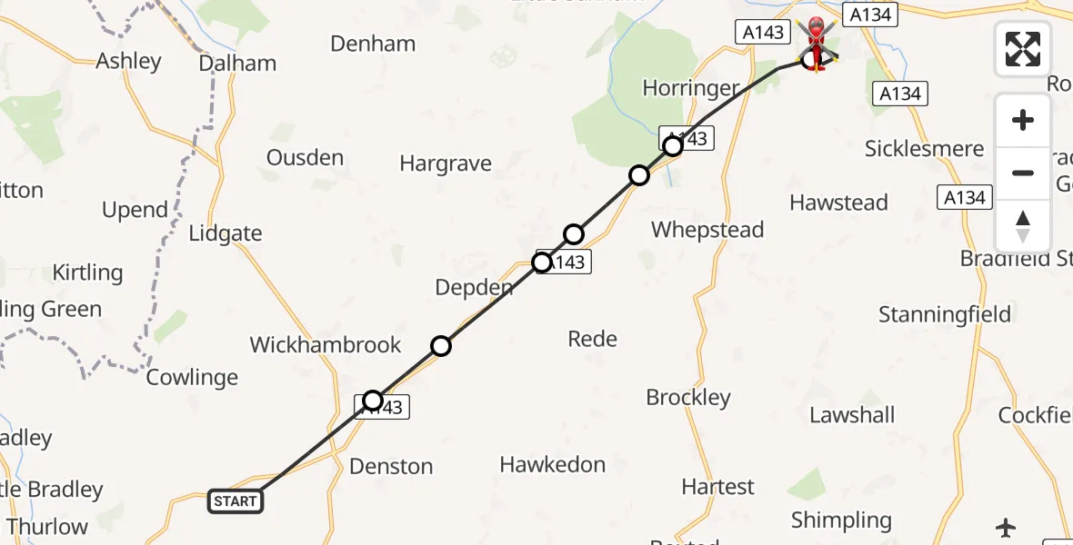 Flight route Air Ambulance Helicopter Stradishall - West Suffolk Hospital, 13 August 2026, 09:08