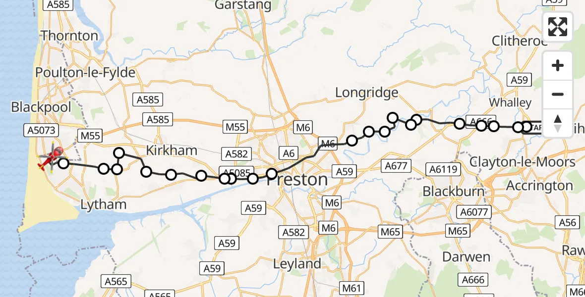 Flight route Air Ambulance Helicopter Burnley - Blackpool Airport, 13 August 2026, 09:18