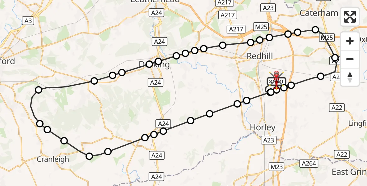 Flight route Air Ambulance Helicopter Redhill Aerodrome - Redhill Aerodrome, 13 August 2026, 09:21
