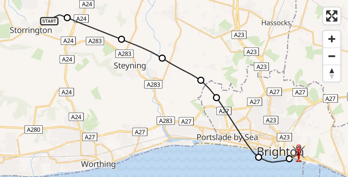 Flight route Air Ambulance Helicopter Storrington - Brighton, 13 August 2026, 09:23
