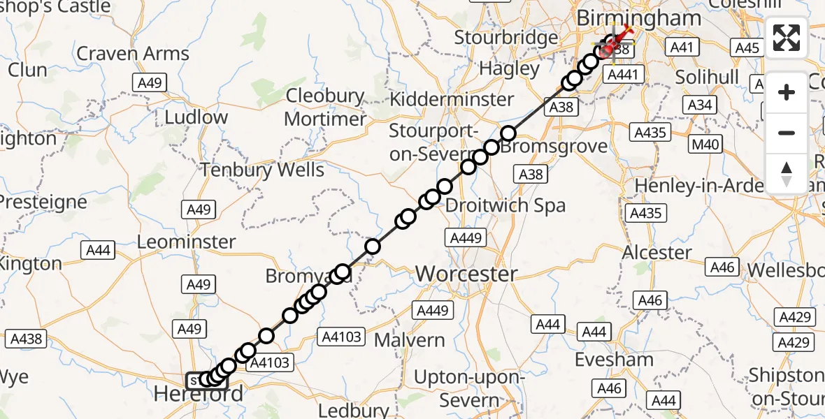 Flight route Air Ambulance Helicopter Hereford - Queen Elizabeth Hospital Helipad, 13 August 2026, 09:24