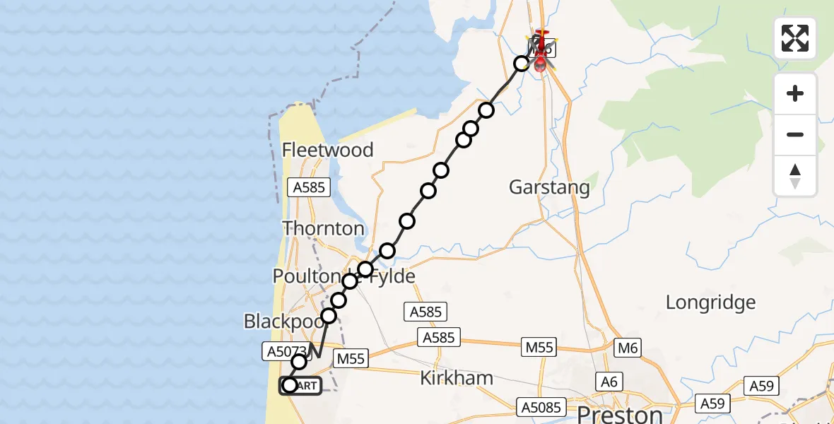 Flight route Air Ambulance Helicopter Blackpool Airport - Ellel, 13 August 2026, 09:36