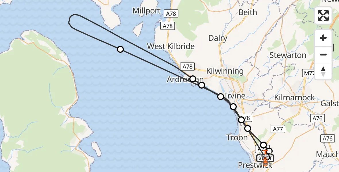 Flight route Coastguard Helicopter Glasgow Prestwick Airport - Glasgow Prestwick Airport, 13 August 2026, 09:39