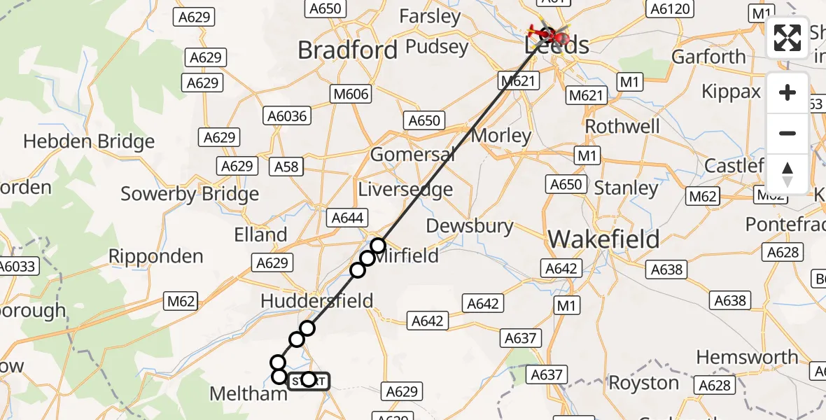 Flight route Air Ambulance Helicopter Honley - Hyde Park, 13 August 2026, 09:39