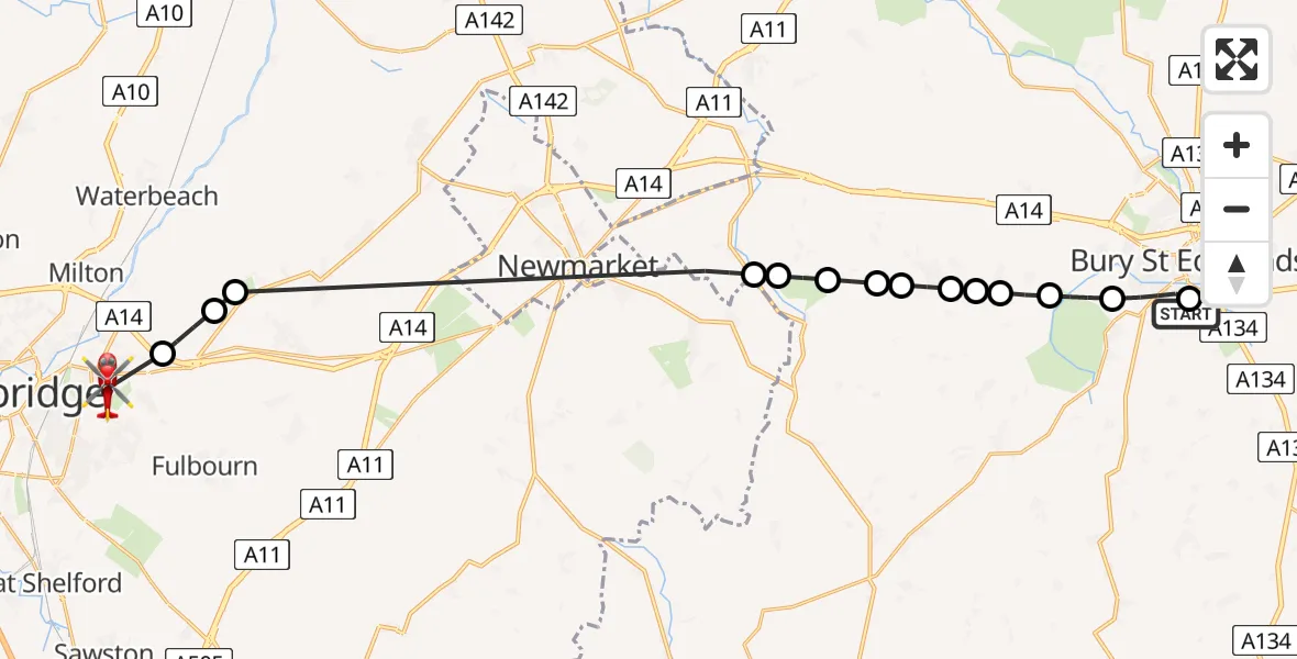 Flight route Air Ambulance Helicopter West Suffolk Hospital - Cambridge City Airport, 13 August 2026, 09:39