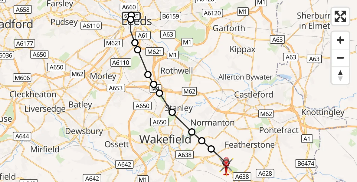Flight route Air Ambulance Helicopter Woodhouse - YAA Nostell Helicopter Port, 13 August 2026, 10:05