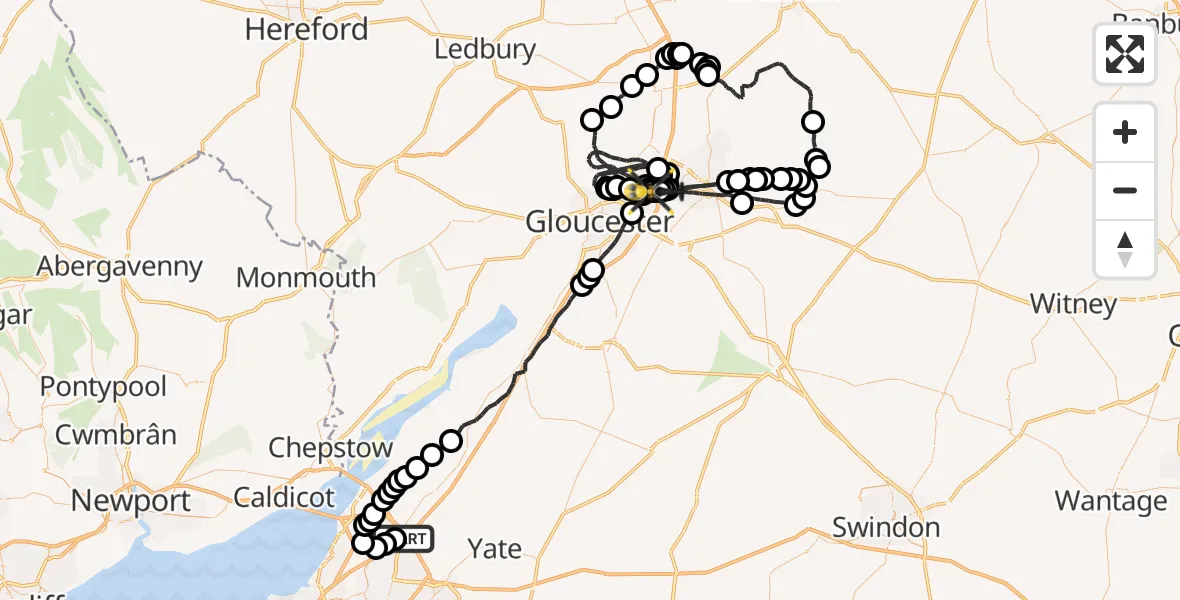 Flight route Police Helicopter Almondsbury Helicopter Base - Tewkesbury, 13 August 2026, 10:09
