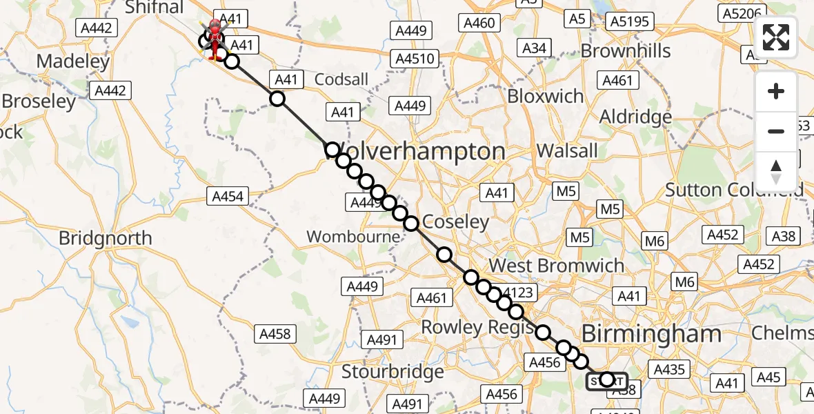 Flight route Air Ambulance Helicopter Queen Elizabeth Hospital Helipad - Cosford, 13 August 2026, 10:15