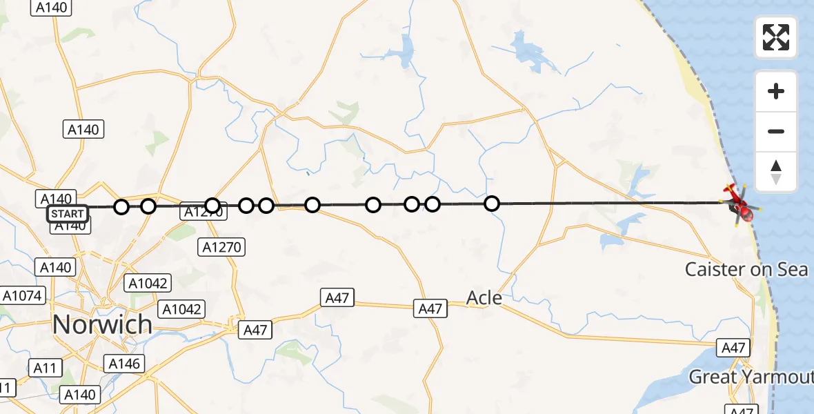 Flight route Air Ambulance Helicopter Norwich Airport - Great Yarmouth, 13 August 2026, 10:15