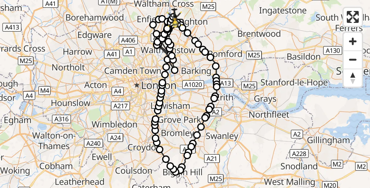 Flight route Police Helicopter Chingford - Sewardstonebury, 13 August 2026, 10:16