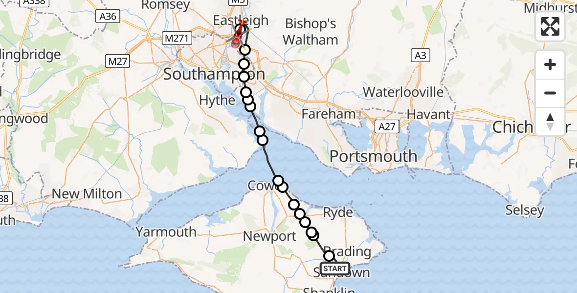 Flight route Air Ambulance Helicopter Sandown - Southampton Airport, 13 August 2026, 10:26
