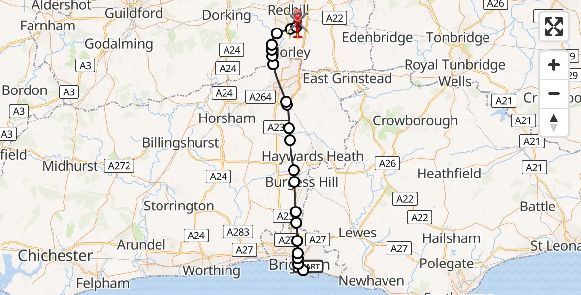 Flight route Air Ambulance Helicopter Brighton - Redhill Aerodrome, 13 August 2026, 10:45