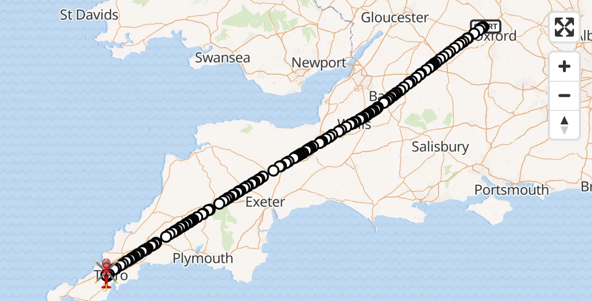 Flight route Air Ambulance Helicopter West Oxfordshire - Treliske Hospital, 13 August 2026, 11:10