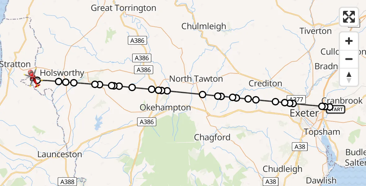 Flight route Air Ambulance Helicopter Exeter International Airport - Torridge, 13 August 2026, 11:12