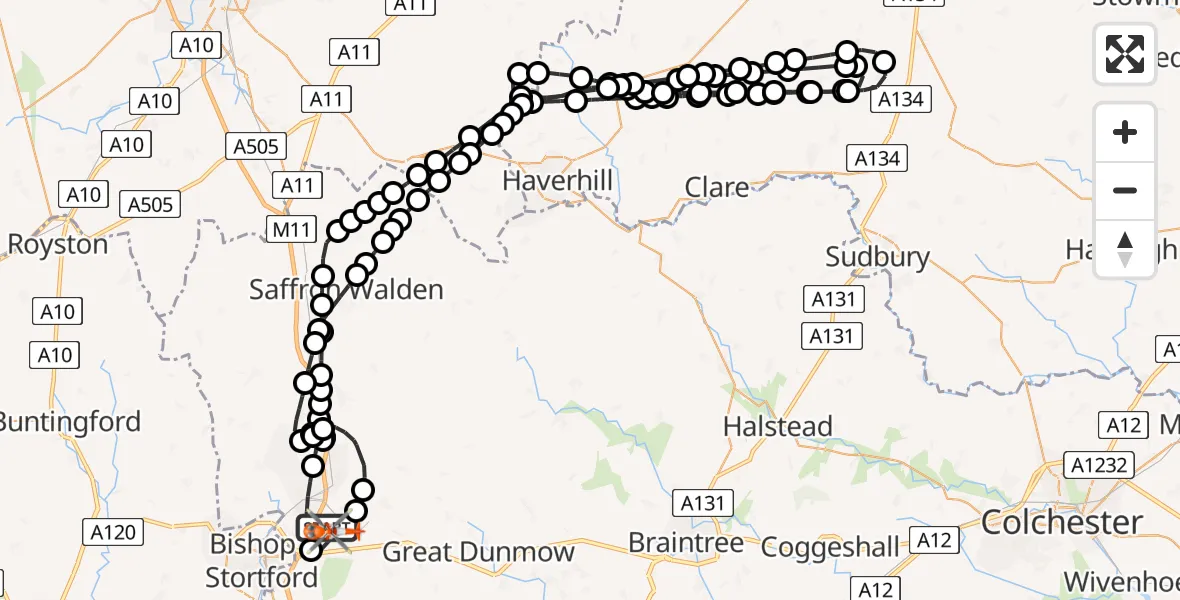 Flight route Coastguard Helicopter London Stansted Airport - London Stansted Airport, 13 August 2026, 11:22