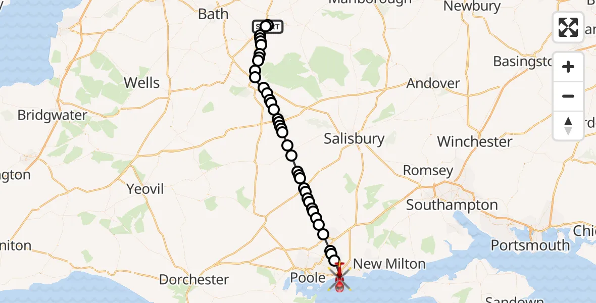 Flight route Air Ambulance Helicopter Wiltshire Air Ambulance - Bournemouth, 13 August 2026, 11:23