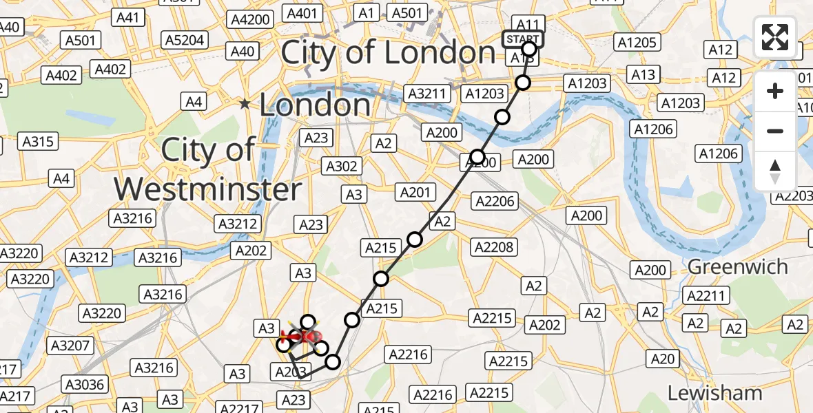 Flight route Air Ambulance Helicopter Royal London Hospital - Loughborough Junction, 13 August 2026, 11:32
