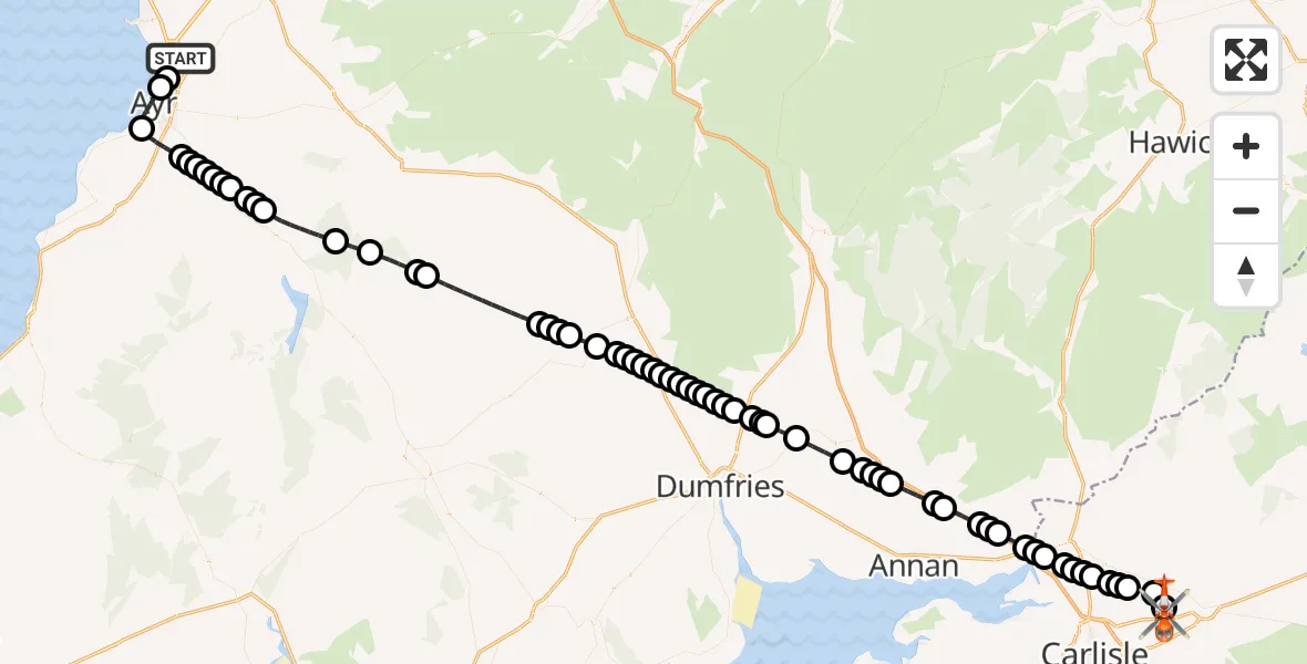 Flight route Coastguard Helicopter Glasgow Prestwick Airport - Carlisle Lake District Airport, 13 August 2026, 11:35