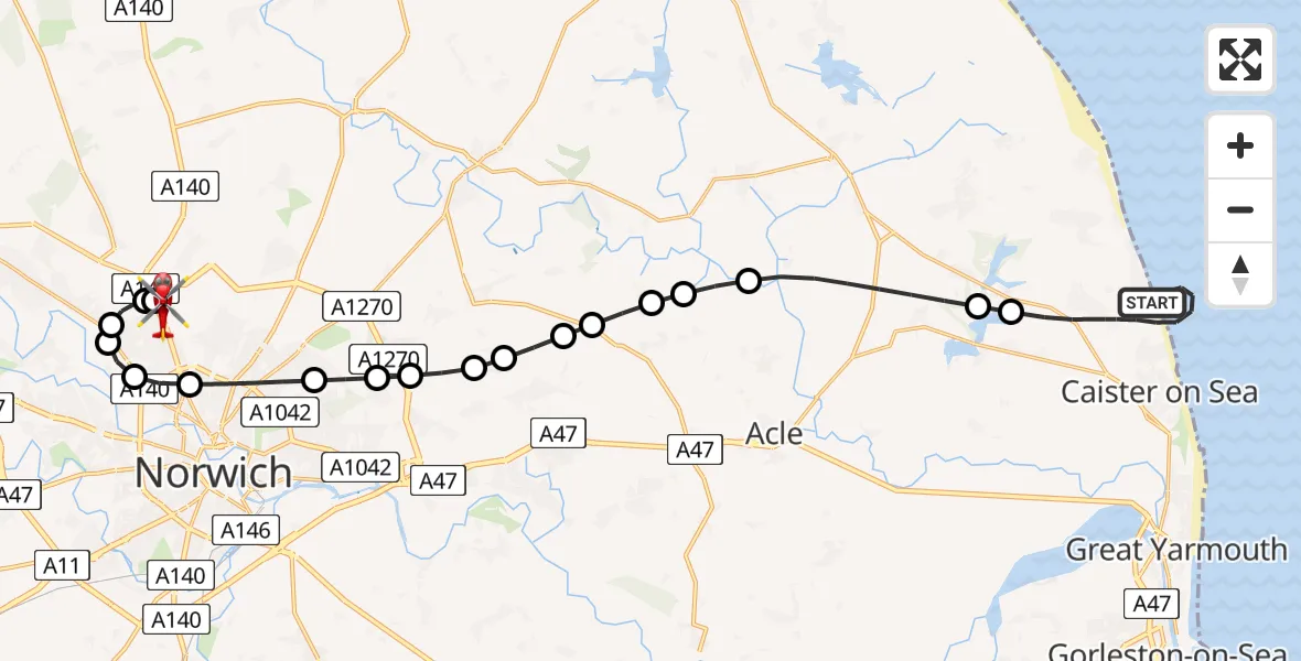 Flight route Air Ambulance Helicopter Great Yarmouth - Norwich Airport, 13 August 2026, 11:56
