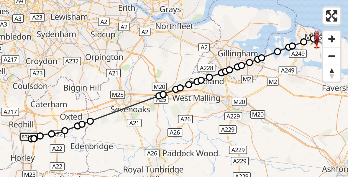 Flight route Air Ambulance Helicopter Redhill Aerodrome - Minster, 13 August 2026, 11:59