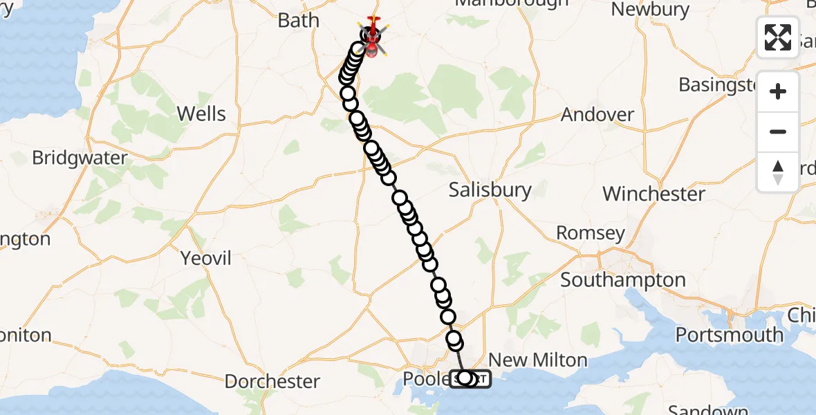 Flight route Air Ambulance Helicopter Bournemouth - Wiltshire Air Ambulance, 13 August 2026, 12:14