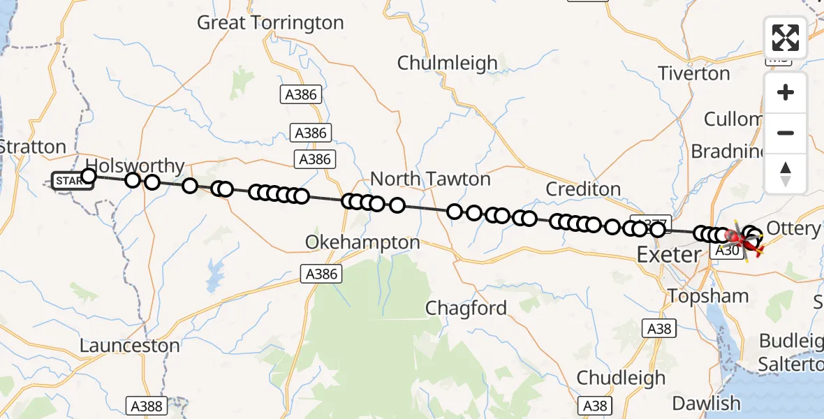 Flight route Air Ambulance Helicopter Torridge - Exeter International Airport, 13 August 2026, 12:16