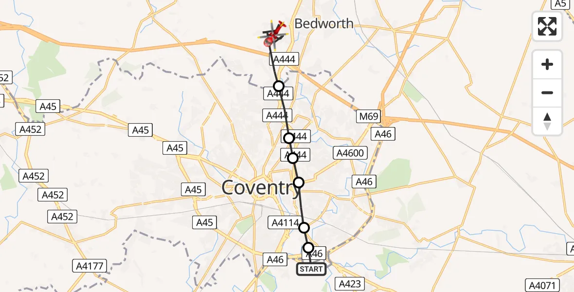 Flight route Air Ambulance Helicopter Coventry Airport - Ash Green, 13 August 2026, 12:17