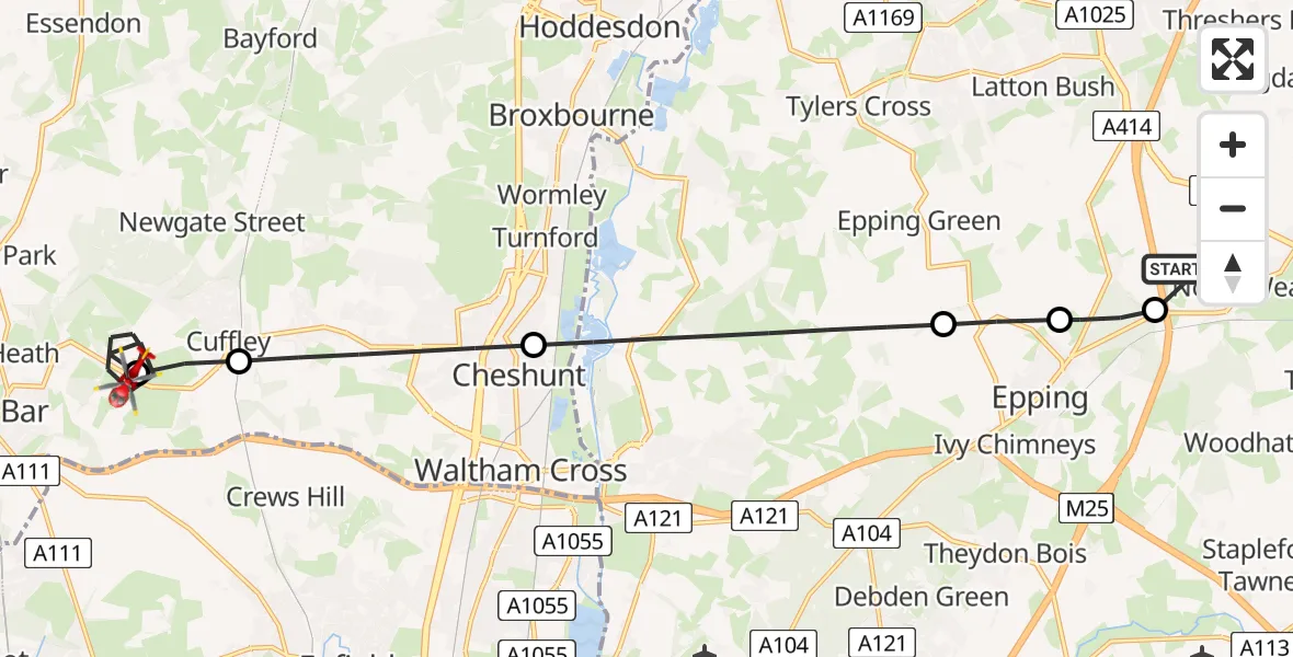 Flight route Air Ambulance Helicopter North Weald Airfield - Northaw, 13 August 2026, 12:18
