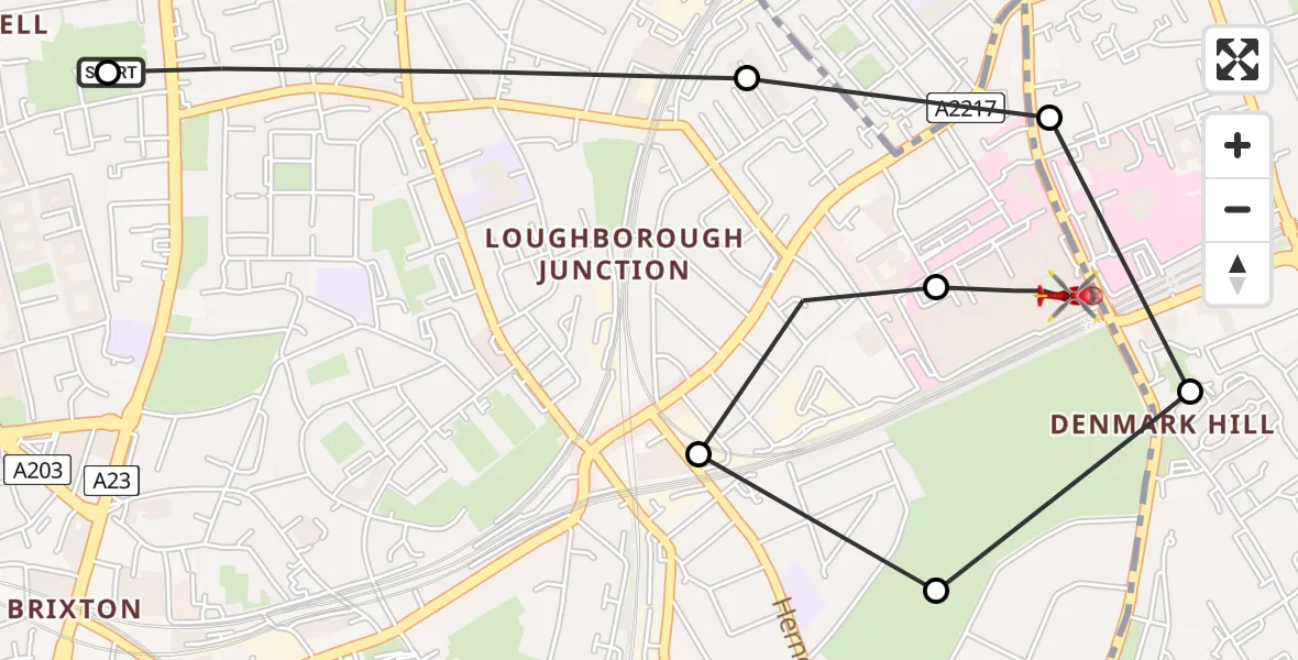 Flight route Air Ambulance Helicopter Brixton - Kings College London Hospital, 13 August 2026, 12:21