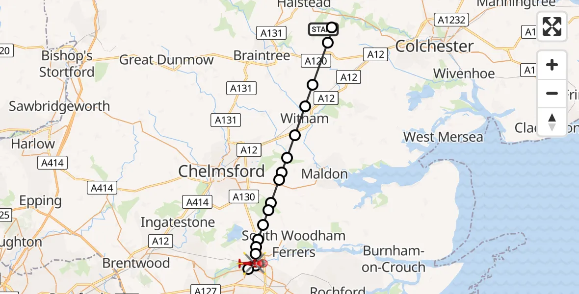 Flight route Air Ambulance Helicopter Earls Colne Airfield - Wickford, 13 August 2026, 12:28