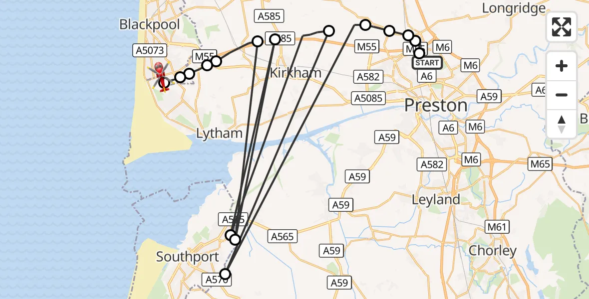 Flight route Air Ambulance Helicopter Royal Preston - Blackpool Airport, 13 August 2026, 12:46