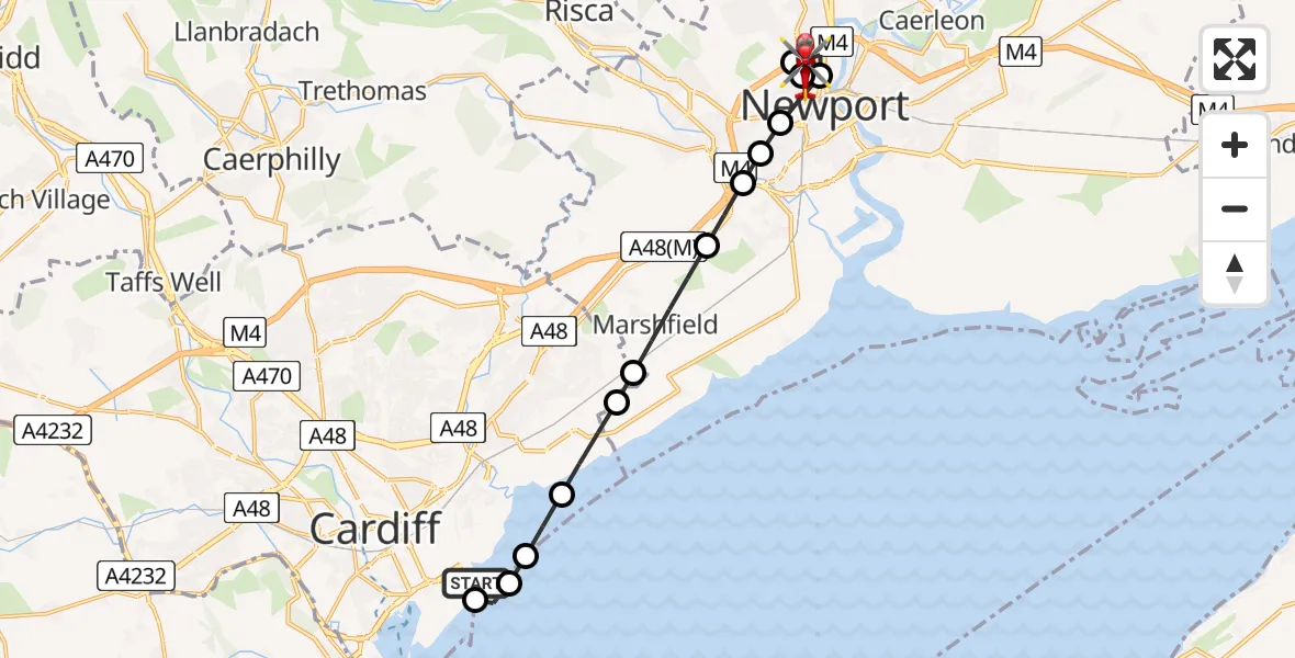 Flight route Air Ambulance Helicopter Cardiff Heliport - Crindau, 13 August 2026, 12:52
