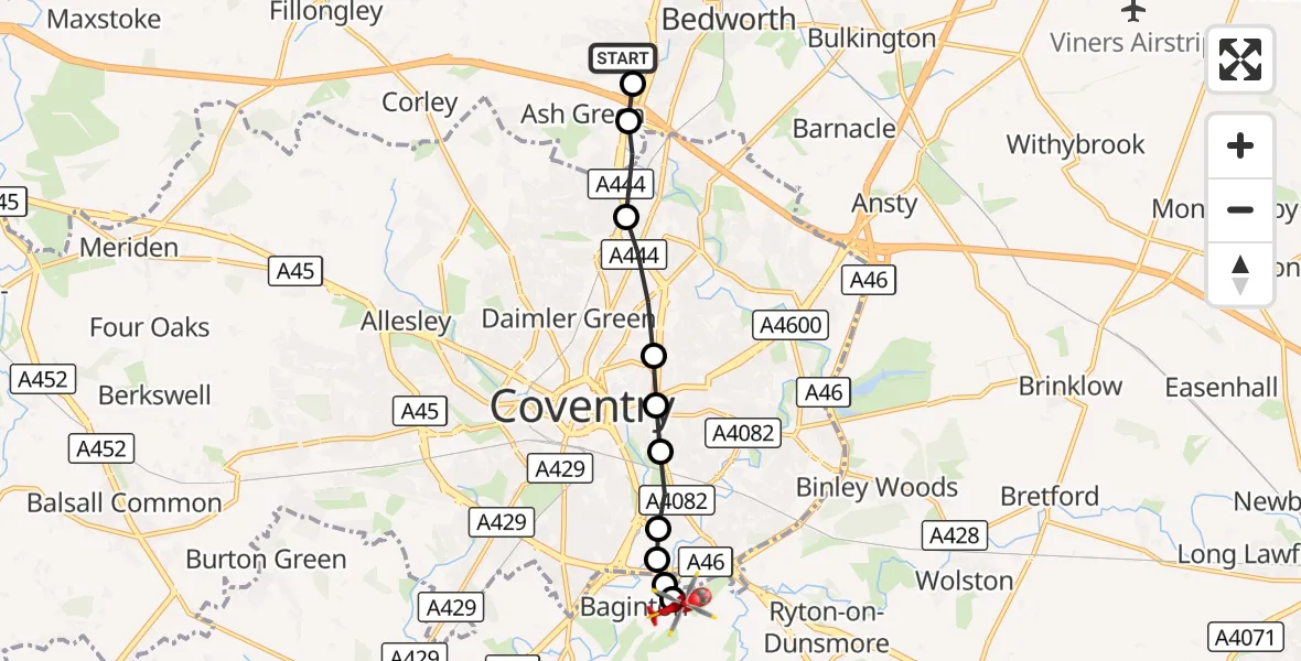Flight route Air Ambulance Helicopter Bedworth - Coventry Airport, 13 August 2026, 12:52