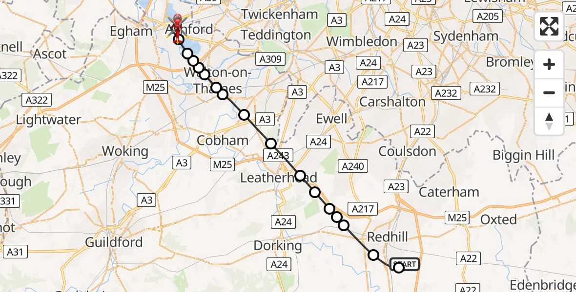 Flight route Air Ambulance Helicopter Redhill Aerodrome - Staines-upon-Thames, 13 August 2026, 12:58