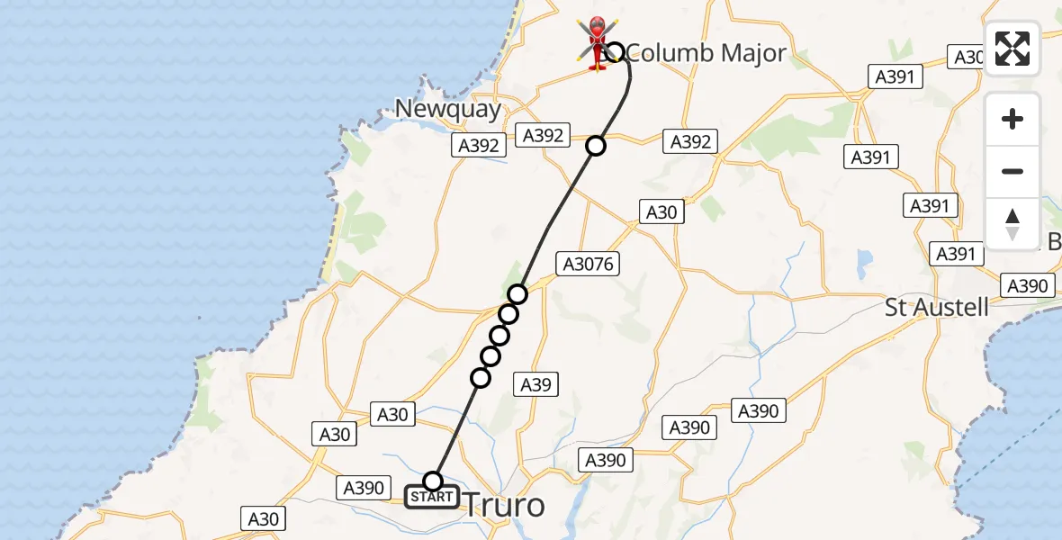Flight route Air Ambulance Helicopter Treliske Hospital - Cornwall Airport Newquay, 13 August 2026, 12:59