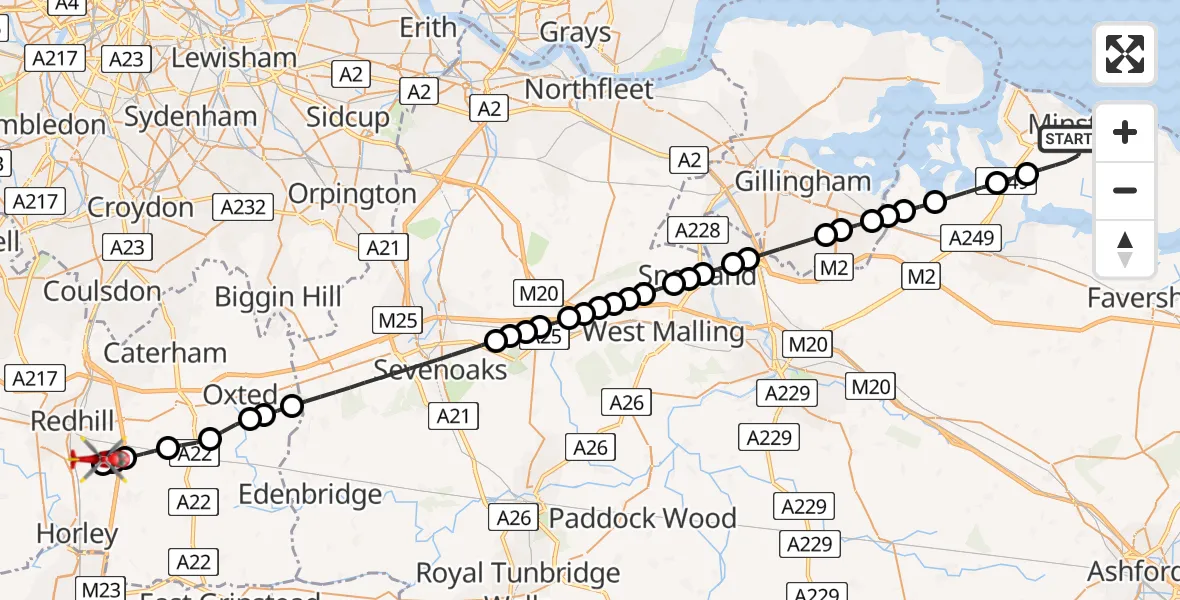 Flight route Air Ambulance Helicopter Minster - Redhill Aerodrome, 13 August 2026, 13:05
