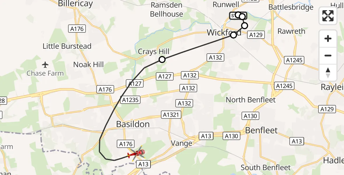 Flight route Air Ambulance Helicopter Basildon - Basildon, 13 August 2026, 13:09