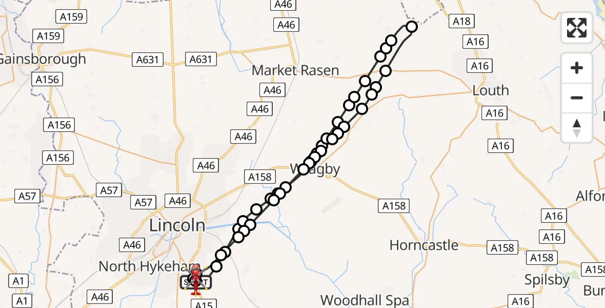 Flight route Air Ambulance Helicopter RAF Waddington - North Kesteven, 13 August 2026, 13:10