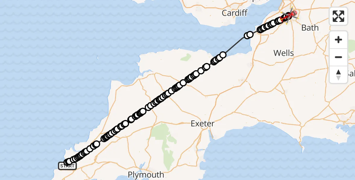 Flight route Air Ambulance Helicopter Cornwall Airport Newquay - Bristol Royal Infirmary, 13 August 2026, 13:21